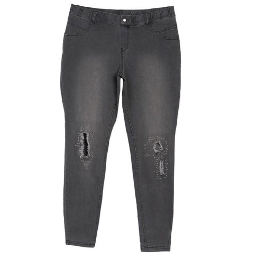 NWT ZEZA B Gray Wash Studded Ripped Denim Leggings